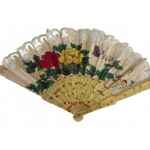 Vintage Chinese Folding Fan Celluloid Gold Filigree Enamel Floral Mid Century